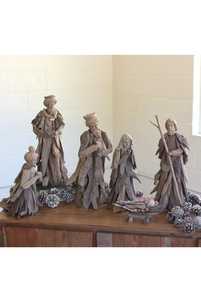  Driftwood Nativity Figurine Set Of 6 Wood Sculptures Beach Cottage Christmas