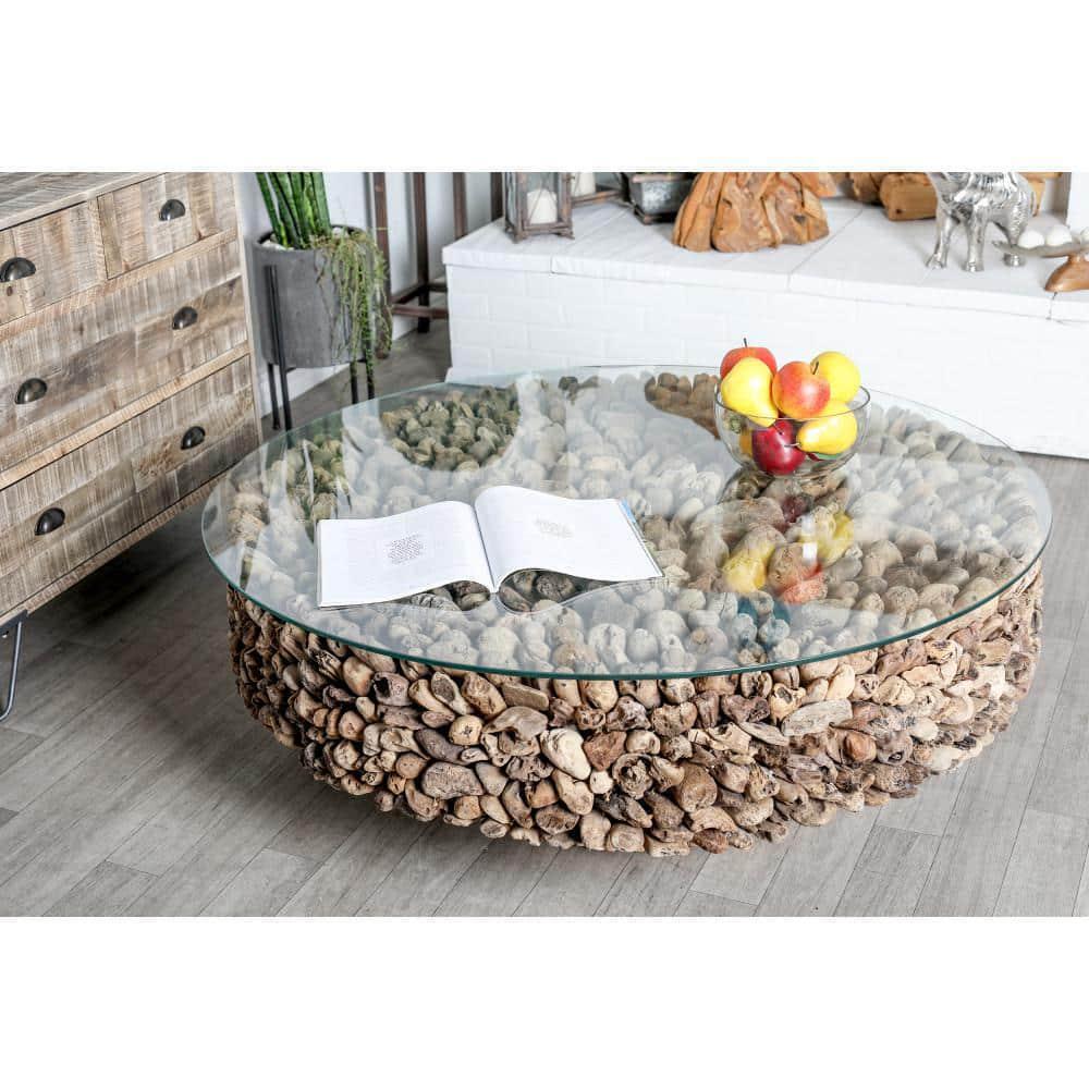 Litton Lane Coffee Table 48" Pedestal Glass Top Round Wood in Driftwood Brown