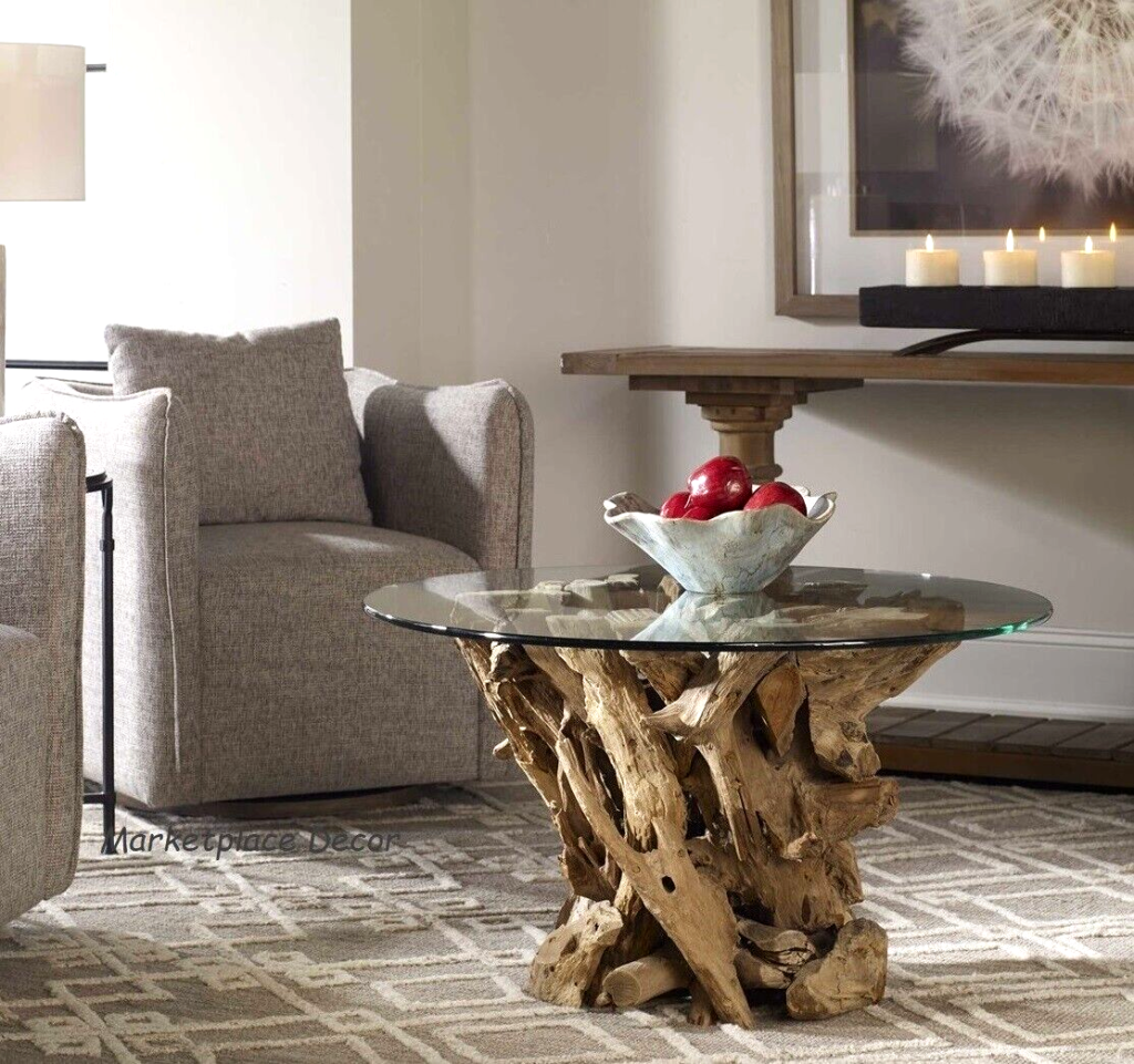 Natural Teak Driftwood Round Cocktail Coffee Table Glass Top Uttermost 25519