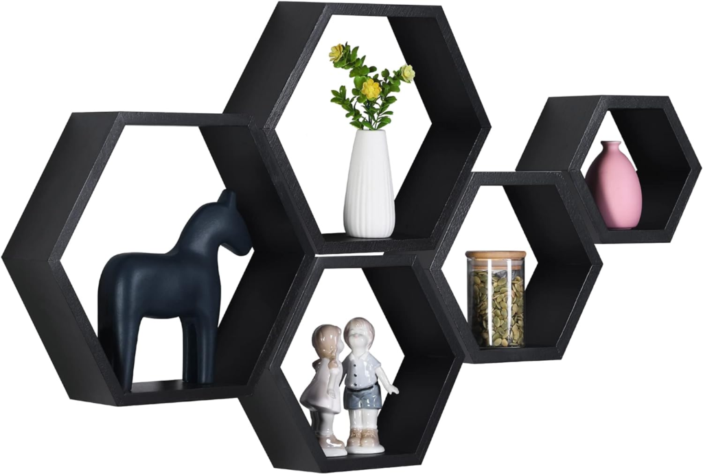 Set of 5 Hexagon Floating Shelves - Driftwood Finish, Versatile Wall Decor for V