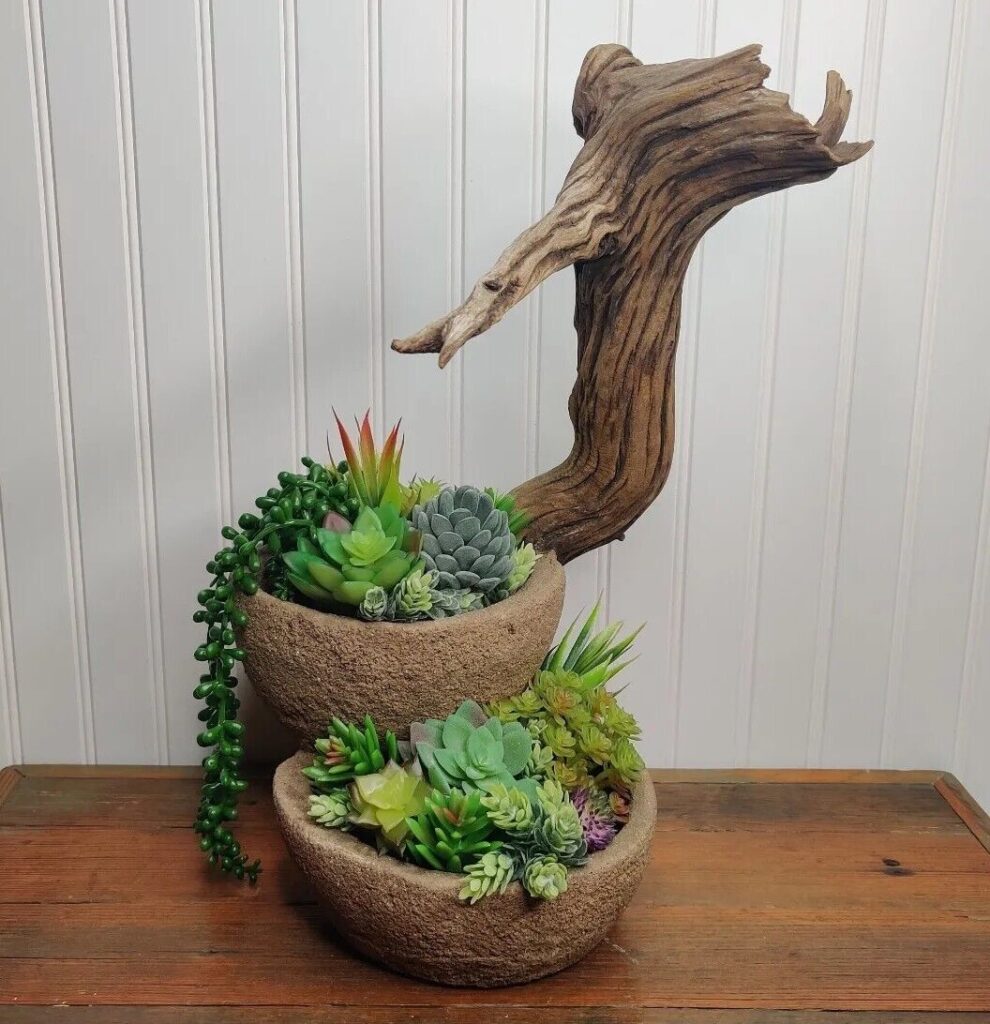 Vintage Handmade Driftwood And Cement Sculptural All Natural Tiered Planter
